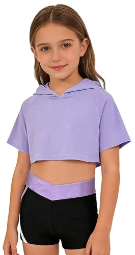 YEAHDOR Enfant Fille Ensemble Sport Justaucorps Manches Courtes Sweat à Capuche + Brassière Sport + Short Gymnastique Fitness Running Sportswear 5-16 Ans Une lavande 11-12 ans