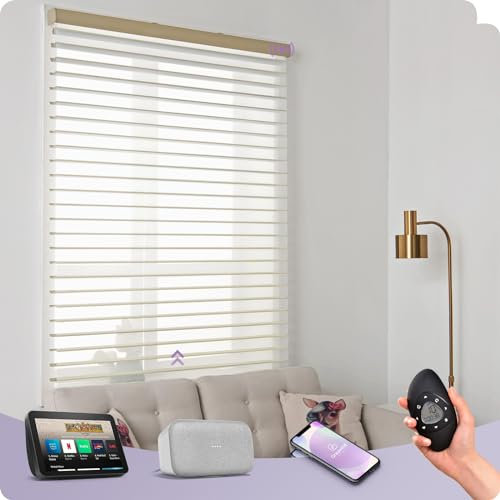 Graywind Customized Smart Shangrila Blinds with Rechargeable Motor, Light Filtering Electric Roller Blinds With Remote Control, Privacy Motorised Shades Compatible Alexa Google, 2.56 Wider Sand