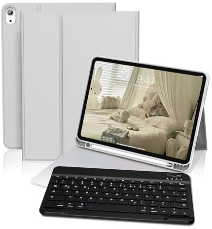 GKABXY Hülle mit Tastatur für iPad 11/10 Generation, 11/10,9 Zoll (2025/2022), Flexibles TPU Hülle mit Stifthalter, QWERTZ Layout, Magnetische Abnehmbar Bluetooth Tastatur für iPad A16, Grau