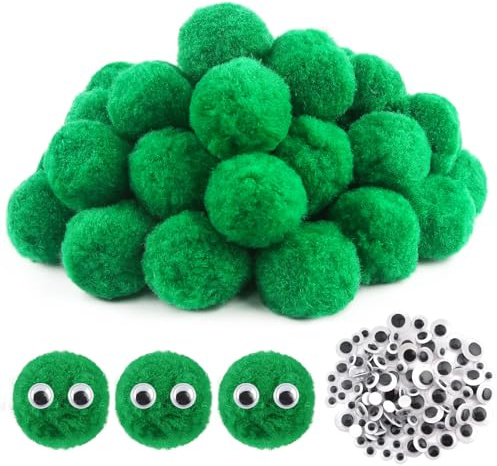 TOAOB 50 Pezzi Pom Pom 5cm Verde Grandi Pompom Ponpon 50mm Pompon e Bianchi e Neri Occhi Adesivi per Lavorazione Fai da Te Portachiavi Crafts Decorazioni Cucito