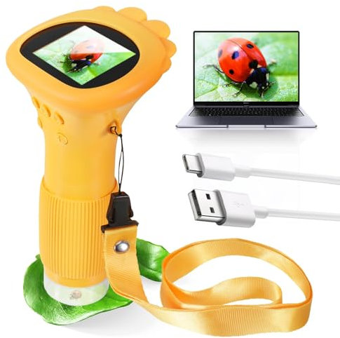 Microscope Enfant, Microscopes Portable Enfant, avec écran IPS 2,0, Microscope numérique, écran 200X, Port USB vers PC, Jaune de Poche