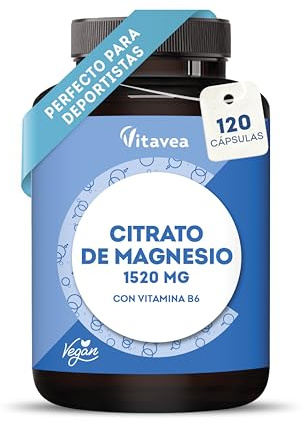 Citrato de magnesio - 120 cápsulas vegetales - 1520 mg de citrato de magnesio por dosis diaria - Ideal para deportistas - Función muscular, nervios y energía - Con vitamina B6 - Testado en laboratorio