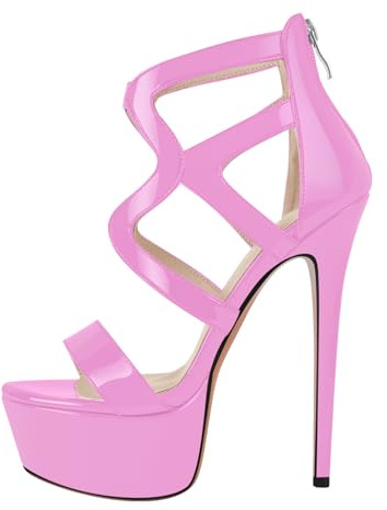 richealnini Women's Crisscross Platform Stiletto Strappy Sandals with Zipper Peep Toe Metallic Pink Sandals Ankle Strap Strappy Heels Gladiator Punk Gothic Wedding Pole Dance Shoes Size 14