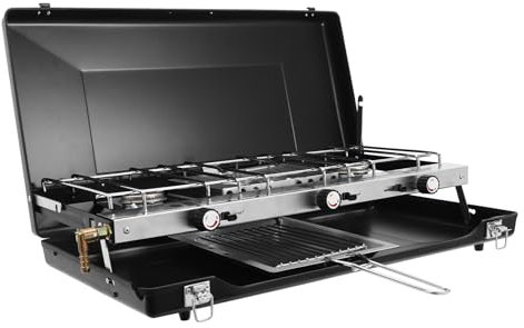 Fornello a Gas da Campeggio 3 Fuochi Portatile, Singolo 1,5 KW, Struttura Monoblocco Pieghevole con Accensione Piezoelettrica, Cucina da Esterno/Interno, Ideale per Picnic, Escursioni e Campeggio