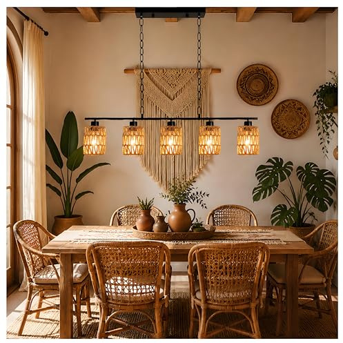 Pendelleuchte Rattan Schwarz 5 Flammige, Hängelampe Esstisch Boho HöHenverstellbar E27 Rustikal Retro Hängeleuchte Esstischlampe Hängend Vintage Metall für Küghe Esszimmer Wohnzimmer Bar Restaurant