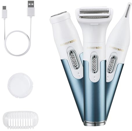BarberBoss 3-in-1 Elektrischer Damenrasierer, Bikini-Trimmer, Rasierer für Frauen, wiederaufladbarer Ladyshaver zur Haarentfernung im Gesicht, an Armen, Beinen, Achseln und in der Bikinizone, tragbare
