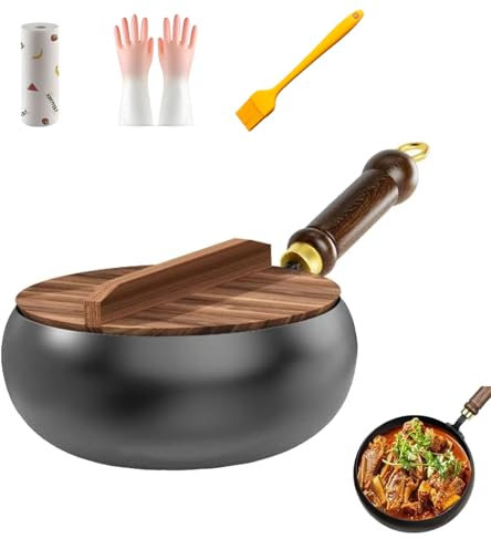 Generisch Bienll Japanische Eisenpfanne, Japanische Eisenpfanne, Uncoated Iron Pan, Schmiedeeiserne Pfanne, Eisenpfanne Ohne Beschichtung (A-Holzabdeckung, 28CM)