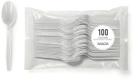 MAQA 100 Cucchiai Riutilizzabili in CPLA – Colore Bianco – Compostabili, Resistenti al Calore e Certificati per Uso Alimentare – 16,5 cm – Ideali per Catering, Mense, Eventi e Food Delivery
