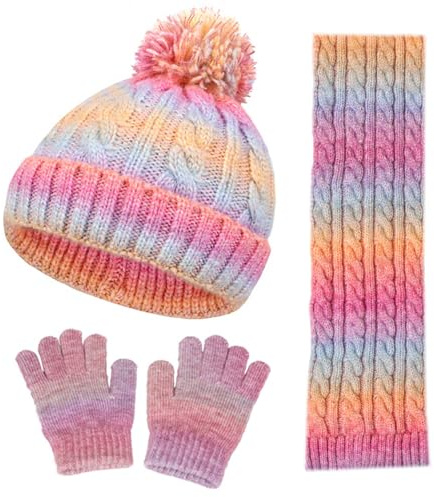 3 Pcs Kids Winter Beanie Hat Scarf Gloves Set for 3-10 Years Old Boys Girls, Knitted Warm Hat and Scarf Warm Fleece Lined Thermal Winter Accessories Sets for Children Toddlers Outdoor (Rainbow)