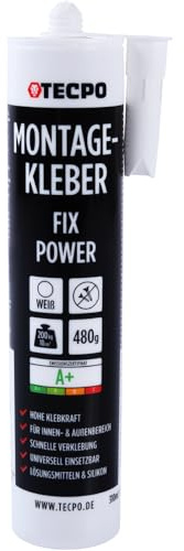 TECPO Montagekleber Fix Power, 480g Universal Baukleber Kartuschen Kraftkleber 200kg 10 cm² für Akustikpaneele, Styropor, Sockelleite Innen und Außen schnelle Verklebung ohne Grundierung
