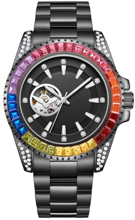Yechiry Mekaniska Herrklockor, Färgglad Automatisk Mekanisk Klocka, Armband i Rostfritt Stål Lysande Händer Skalle Fashion Business Klänning Watch Waterproof Wathes Present för (Svart (stålrem))