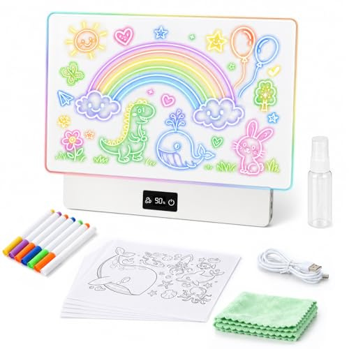 OUTON Pizarra LED para Dibujar Niños con 8 Colores y 3 Modos de Luz, Pizarra Luminosa Reutilizable con 7 Rotuladores y Plantillas, Juguete Creativo para Niña y Niño, USB-C