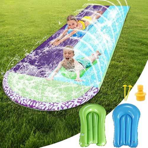 KBIBCK 15.7ft/480cm Water Slide, Lawn Water Slides for Kids with 2 Racing Lanes & 2 Body Boards, Slip and Slide Water Slide, Water Slide Mat, Double Slip Water Slide with Sprinkler for Kids Adults (C)