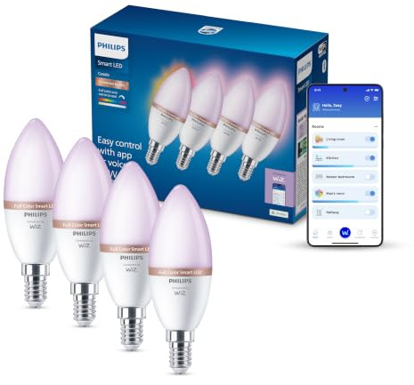 Philips Smart Lighting, Smart LED RGB C37 Lampe, 4er-Pack E14-Sockel, 470 lm, farbiges und einstellbares weißes Licht 2200–6500 K, niedrig dimmbar, kompatibel mit WiZ, Alexa, Google Home, Apple Home