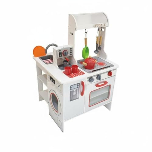 Folpus Cuisine Enfant Bois Jouet Cuisine Enfant Cuisine Simulation Éducative Cuisinière Évier Four Réfrigérateur Machine à Café Intégrée et Rangement