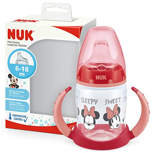 NUK First Choice+ Learning Bottle | 6-18 Months | 150 ml | Anti-Colic Valve | Leak-Proof Drinking Spout | Ergonomic Handles | BPA Free | Disney Minnie Mouse | Red