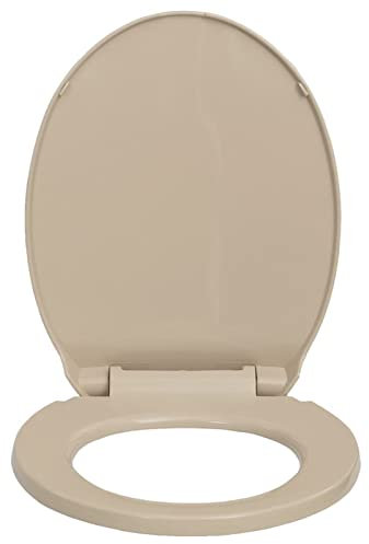 Gecheer Toilettensitz mit Absenkautomatik Softclose Quick-Release WC Sitz Deckel Klodeckel Klositz Klobrille Toilettendeckel Beige Oval Mit Gummipads an der Unterseite,46 x 34 cm (L x B)