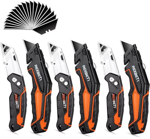 REXBETI 6 Pack Retractable Folding Utility Knife, SK5 Heavy Duty Box Cutter for Cartons, Cardboard and Boxes, Blade Storage Design, Extra 20 Blades Included