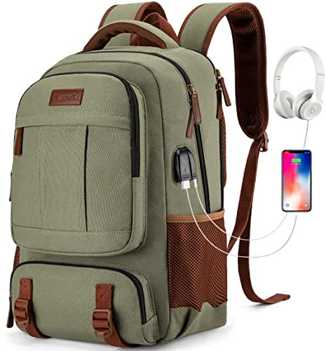 Tzowla Canvas Laptop Rucksack aus Segeltuch,Reise Backpack Tasche Herren und Damen,Arbeit Reiserucksack für 17,3 Zoll Notebook-Rechner,Büchertasche mit USB-Ladeanschluss,Grün