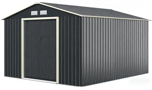 RELAX4LIFE Casetta da Giardino 277x319x202cm (Base: 8,25 m²), Acciaio Zincato, 4 Prese d'Aria, Porta 117x162 cm, Tetto Inclinato, Porte Scorrevoli, Expandibile, Grigio