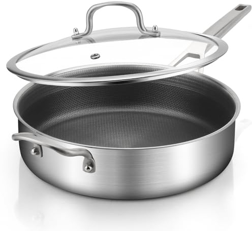 Yeksum Stainless Steel 6 Quarts Saute Pan with lids, Nonsitck 12.5 inch Jumbo Cooker, 3 Layer Deep Frying pan with Stay Cool Handle, Dishwasher and Metal Utensil Safe