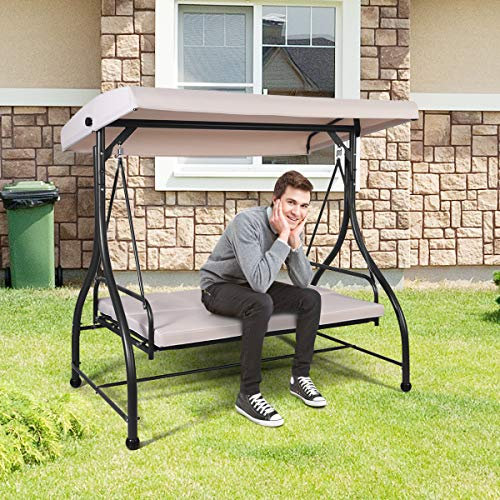 DREAMADE 3-Sitzer Hollywoodschaukel mit verstellbarem Sonnendach, Schaukelbank, 2-in-1 Gartenschaukel mit Liegefunktion für Hinterhof Garten Terrasse, Beige