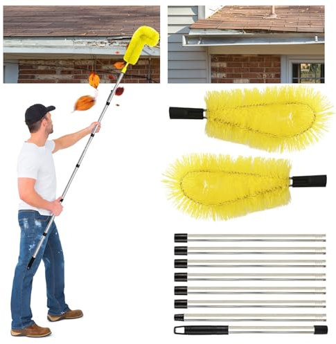Outil de nettoyage de gouttière télescopique avec manche télescopique en acier inoxydable, extensible de 310 cm, pour nettoyer les feuilles, la neige, la saleté et les déversements de toit (jaune)