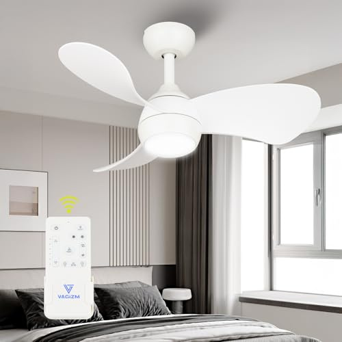 FANSHAIN Ventilador de Techo con Luz para Dormitorio: 76 cm Ventilador de Techo Silencioso Pequeño con Mando a Distancia - 6 Velocidades y 3CCT - Motor DC Reversible - 3 Palas Blanco