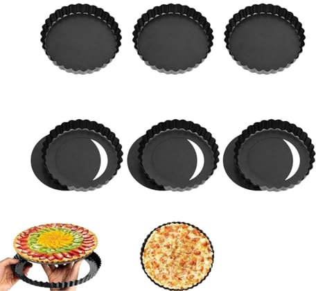 Hsyadazi Set di 6 Stampini per Tartellette con Fondo Amovibile - Mini Stampi per Crostate 10 cm (4) x 3 cm - Antiaderente in Acciaio al Carbonio, per Dolci, Quiches e Fruit Pie