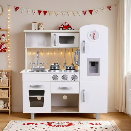 Cuisine pour enfants en bois, jouet pour enfants, cuisine de poupée, cuisine pour enfants avec cuisinière, horloge, sorbetière et téléphone, cuisine de jeu en bois avec lumière et son, petite cuisine