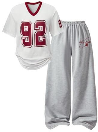 GORGLITTER Girl's Cute Clothes 2 Piece Summer Sets Outfits Short Sleeve Y2K Jersey Shirts and Wide Leg Baggy Sweatpant White and Grey 14Y