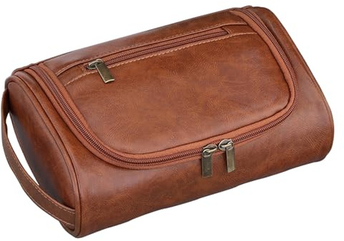 Trousse de toilette en cuir pour homme – Trousse de toilette imperméable avec séparation sec & humide, trousse de toilette épaisse marron, trousse de voyage avec plusieurs compartiments | Trousses de