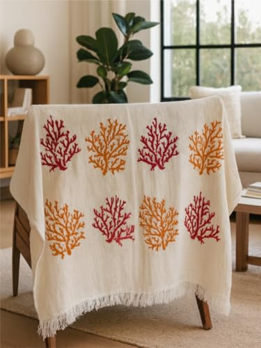 Turkish Cotton Dreamcatcher Print Peshtemal, White Muslin Hammam Towel, Lightweight Quick Dry Beach Throw, Boho Style (colored coral)
