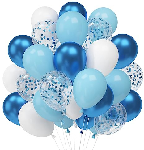 Ballonger blå vit, 60 stycken metallisk blå heliumballong, blå konfettiballonger, 30 cm ljusblå vit latex partyballonger för barn pojke födelsedag bröllop dop baby shower dekoration