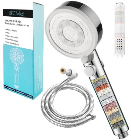BECMai Pommeau de Douche anti Calcaire Filtrant Haute Pression Tuyau 1.5M | Pommeau Douche Haute Pression 5 Modes de Jets, Pomme Duche Economie Deau, Shower Head Filter Hard Water Chrome et Blanc