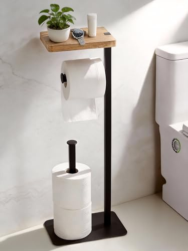 ZUNTO Freestanding Toilet Roll Holder with Shelf, Height 62.2cm, Black Toilet Paper Stand with Wood Storage Shelf, Anti-Slip, Holds 3 Extra Rolls for Bathroom En-Suite Powder Room