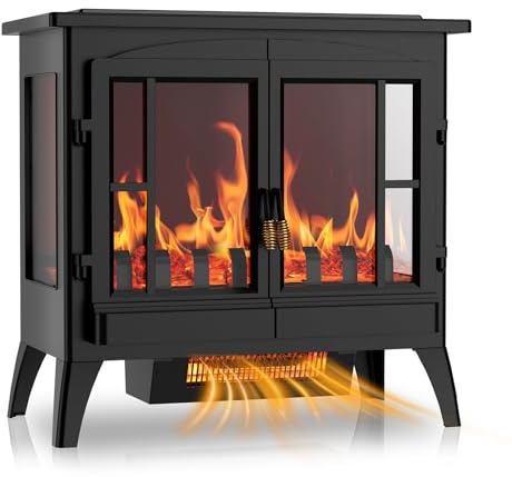 Freestanding Two-Door Electric Stove Fireplace Heater, 2000W & Realistic 3D Flame Effect, 270° Panoramic View, Adjustable Brightness & Heat, Quiet under 40dB, Overheat Protection