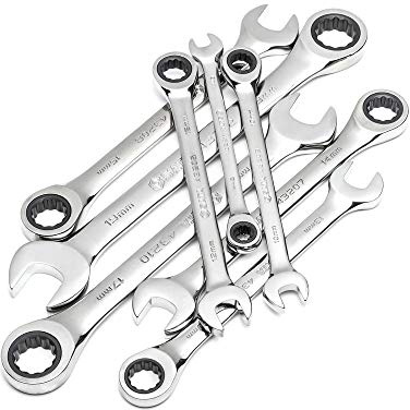 SATA ST08008SJ Juego de llaves de Carraca Métricas de 8 Piezas, Pulidas, Tamaños de 8 mm a 19 mm, en Estuche de Molde de Soplado