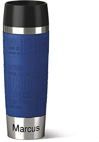 Emsa Isolierbecher MIT GRAVUR (z.B. Namen) 500ml TRAVEL Mug Grande Manschette Blau mit persönlicher Rundgravur, Travelmug Kaffee Tee Thermo to-go-Becher mit Quick Press Verschluss 100% auslaufsicher