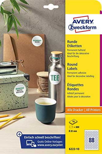 AVERY Zweckform 6222–10 runda etiketter (880 självhäftande prickar, Ø 20 mm på A4, runda klistermärken för tryck, självhäftande produktetiketter, permanent självhäftande syltetiketter) 10 ark, vit