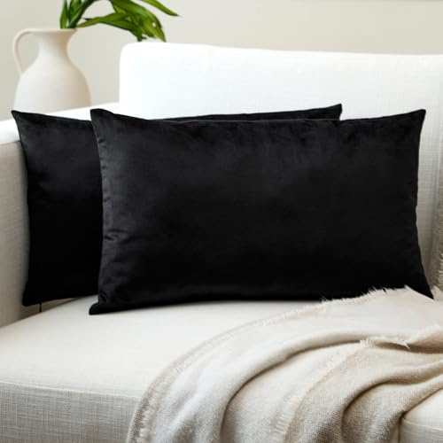 Encasa XO Federe in Velluto, Senza Imbottitura 12x20 Nero | Tessuto in Lussuoso Velluto | Cerniera Invisibile Nascosta | Morbido e Resistente | Set di 2