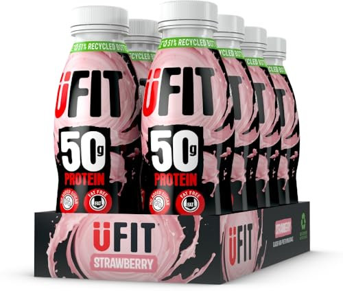 UFIT High 50g Protein Shake - Strawberry Flavour - No Added Sugar - Low in Fat - Ready to Drink - Pack of 8 x 500 ml (Packaging May Vary)