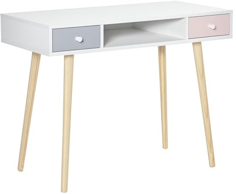 HOMCOM Bureau Enfant Scandinave 100L x 48l x 76,5H cm Blanc Gris Rose