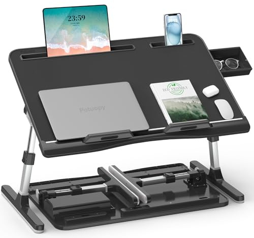 Betttisch, Potuopy Leder einstellbare Höhe Winkel Laptop Tisch für Bett, X-Große Faltbare Laptoptisch mit Eco Holzbrett für die Arbeit Lesen Essen auf Bett Sofa Boden (schwarz, 60 * 40cm)