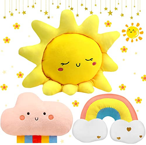 Queekay Cojín de Sol Arcoíris Nube Luna Estrella Almohadas de 3 Formas para Sofá Cama Almohada Decorativa para Niños (Arcoíris, Nube, Sol)