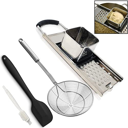 Premium Grade Stainless Steel Spaetzle Maker with Silicone Spatula, Stainless Steel Spider Strainer Skimmer Spoon Pasta Strainer, Homemade Traditional German Egg Noodle Dumpling Making Tool Set