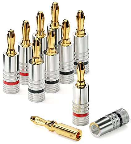 conecto Bananenstecker Professionell, für alle Lautsprecherkabel mit einem Durchmesser von max. 6mm², 8 Stück mit umlaufenden Farbring, rot/schwarz, 24k vergoldete Stecker, silber