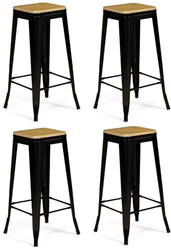 IDMarket - Set di 4 sgabelli da bar LENY in metallo nero opaco impilabili con sedile in legno
