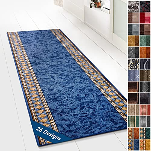 KARAT Moderner Wohnteppich mit Muster - maßgefertigter Teppichläufer - Meterware - Teppich Läufer für Küche, Flur & Wohnraum - Flurteppich - Küchenläufer (67 x 300 cm, Rügen Blau)