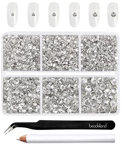 Beadsland Strasssteine zum Basteln,Kristall Weiss,6 Größen gemischt,4300Stk | Klare Strasssteine,SS6–SS20,Glasmaterial,Flacher Rückseite,Nagelsteine,mit Picking-Pinzette und Wachsstift